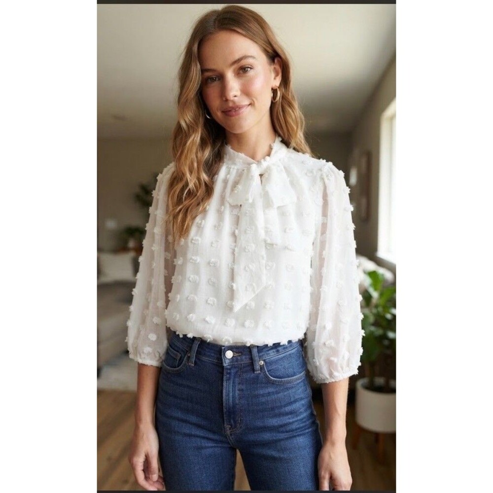 Luna Rae Sz S White Swiss Dot Blouse Top Medium Boho Tiered Tie Neck Long Sleeve